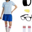6 Pcs Women Light Blue Costume Full Set Cosplay with Wig Glasses Blue Shirt Skirts Socks Hairpin (XX-Large)
