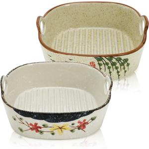 2 Pack Ceramic Small Casserole Dishes, 7" x 6.5" Baking Dish for Toaster Oven, 20 OZ Deep Lasagna Pan with Handles, Durable Vintage Bakeware Pans for Cake Brownie Kitchen, Microwave Safe