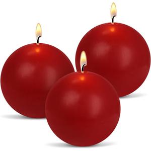 Ball Pillar Candles Set of 3 Red 3Inch Unscented Handpoured Weddings, Home Decoration, 75 Hour