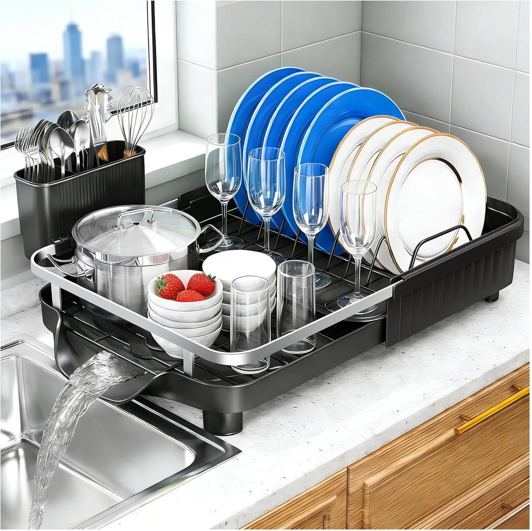 Dish Drying Rack  Expandable Dish Rack for Kitchen Counter, Stainless Steel Dish Drainer with Utensil Holder, Black