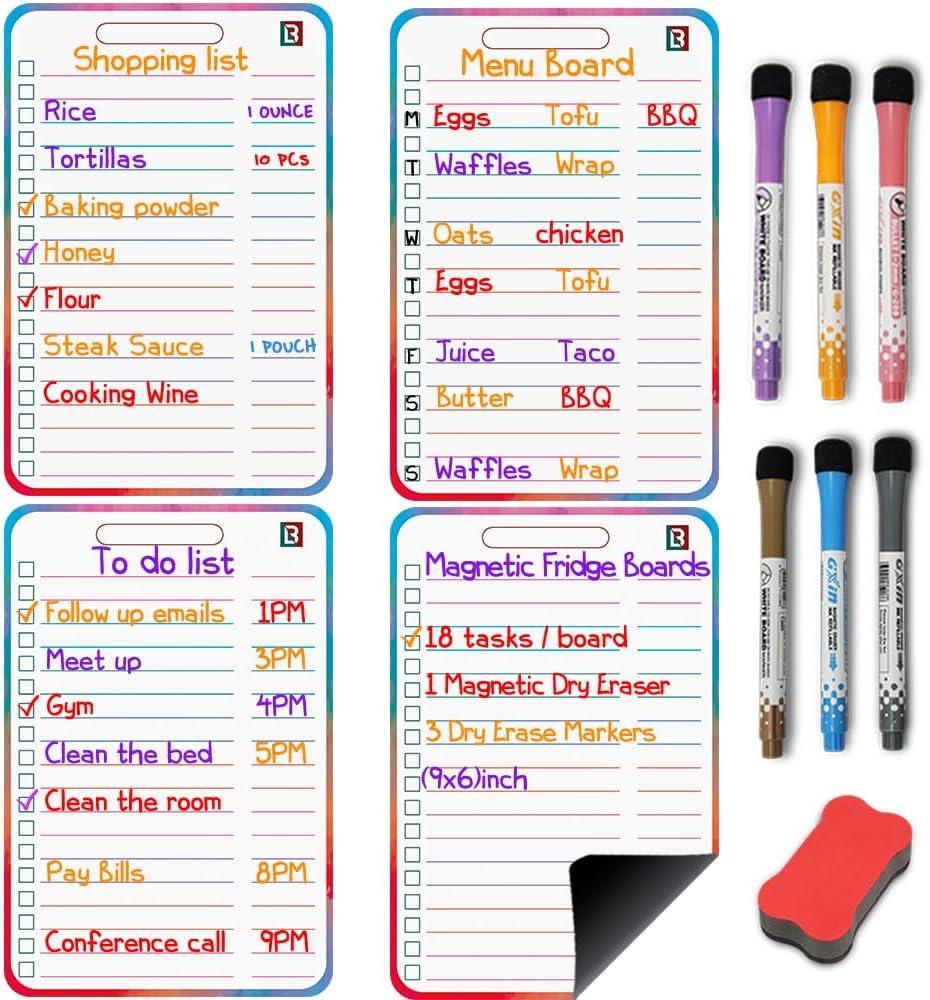 4 PCS Magnetic Dry Erase Shopping List for Fridge with 6 Fine Point Dry Erase Markers | 6x9 Grocery List Magnet Pad  Magnetic Shopping List Pad - Dry Erase Fridge Notepad with Magnet