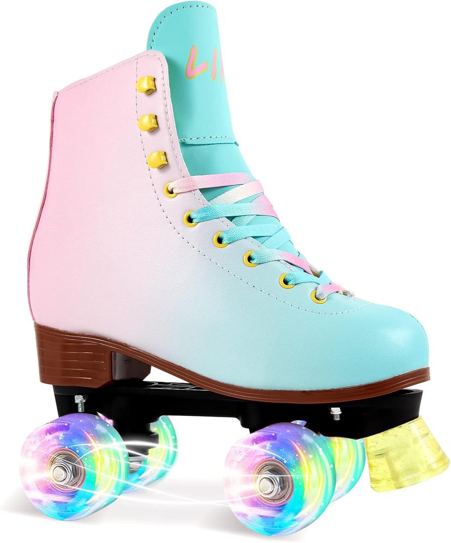 LIKU Quad Roller Skates for Girl and Women with All Wheel Light Up,Indoor/Outdoor Lace-Up Fun Illuminating Roller Skate for Kid (J12-J13, Pink&Blue)