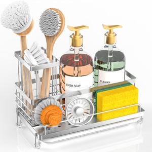 Cisily Stainless Steel Kitchen Sink Caddy Organizer, Sponge Holder for Sink Rustproof, Non-Slip Soap Dish Dispenser Brush Holder Storage, Home & Kitchen Essentials Accessories (Silver)