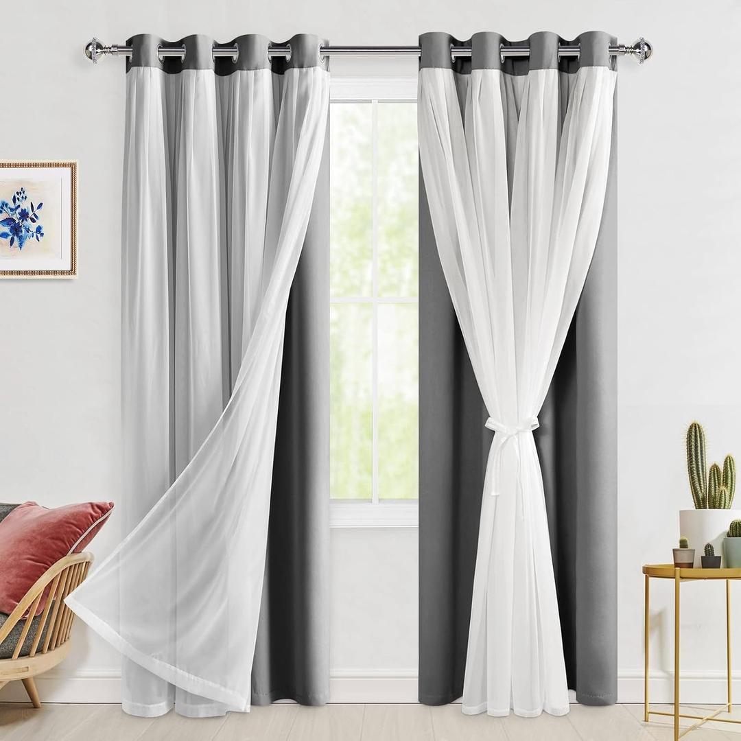 Hiasan Grey Blackout Curtains with Sheer Overlay, Grommet Thermal Insulated Privacy Mix & Match Double Layer Room Darkening Curtains for Bedroom, Living Room, 2 Window Panels with Tiebacks, 52W X 84L