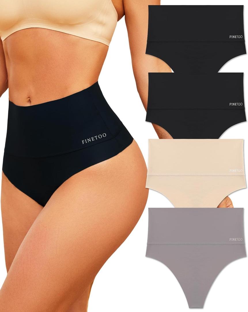FINETOO Women Underwear High Waisted Thongs Tummy Control Seamless Thongs Shapewear No Show Panties 4 Pack S-3XL