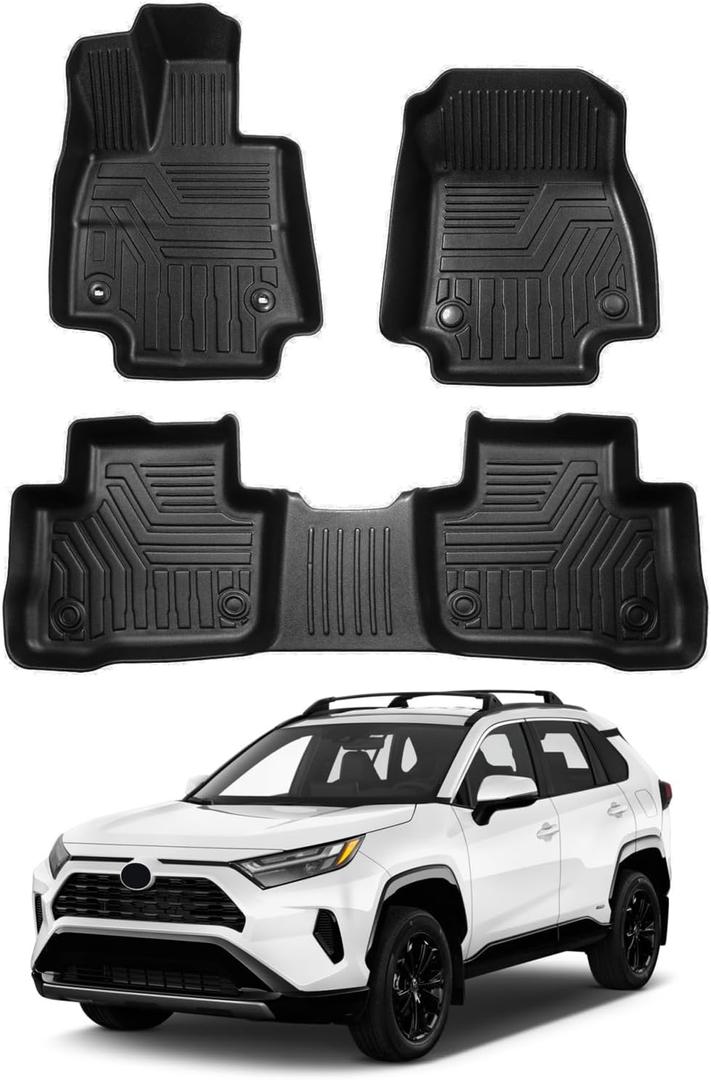 Powerty Floor Mats for 2019-2024 2025 Toyota RAV4 Accessories All Weather Floor Liner 3D TPO 1st & 2nd Row Floor Mat Heavy-Duty Floor Liners(FIT All Models)