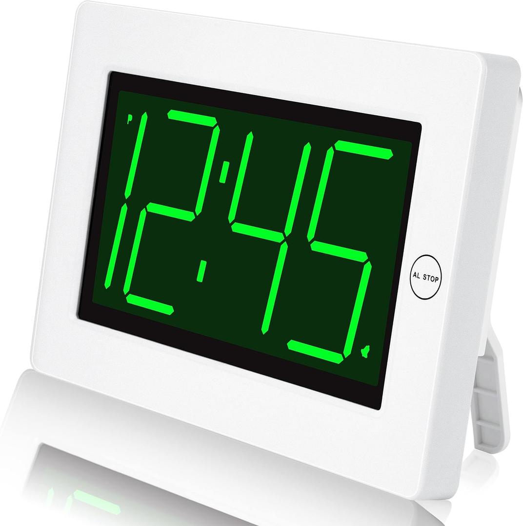 KWANWA LED Digital Clock, Alarm Clock, Wall Clock, 3" LED Digit Display, Adjustable Brightness, Auto Night Mode, Auto Alarm Volume Increasing, Wall-Mount & Table-top, Alarm Clock for Bedroom (White Case-green Led Digit)