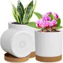 WSMKSZ 3 Pack 6/5/4 inch Cylindrical Flower Pots, Modern Small Round Plastic Plant Pots with Drainage Holes & Saucers, Clean and Refined Planter Pots for Outdoor, Indoor & Office Decor (White Brown)