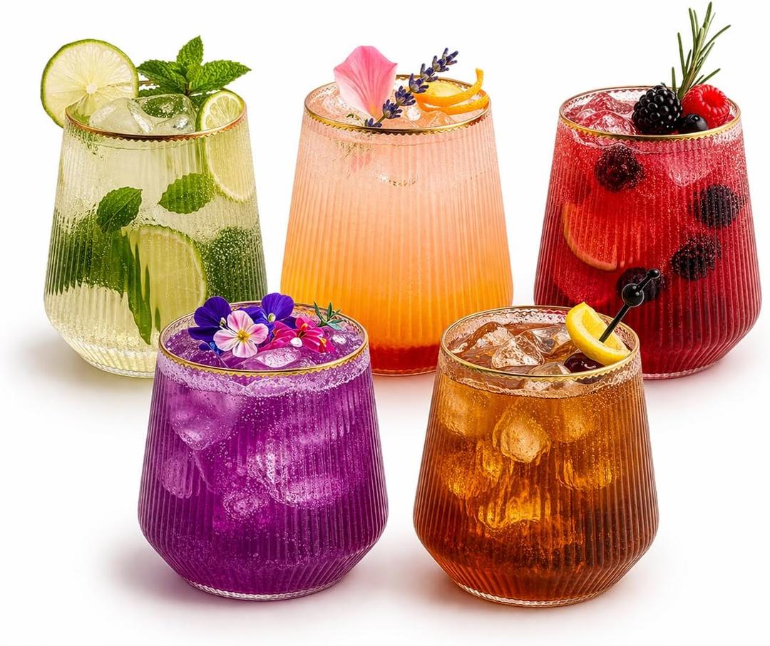 Oojami 40 Pack 14 oz Origami Ripple Stemless Ribbed Plastic Wine Glasses, Disposable Unbreakable BPA-Free Cocktail Cups for Fancy Parties, Weddings, Indoor Outdoor Champagne, Whiskey, Mimosa, Gold Rim