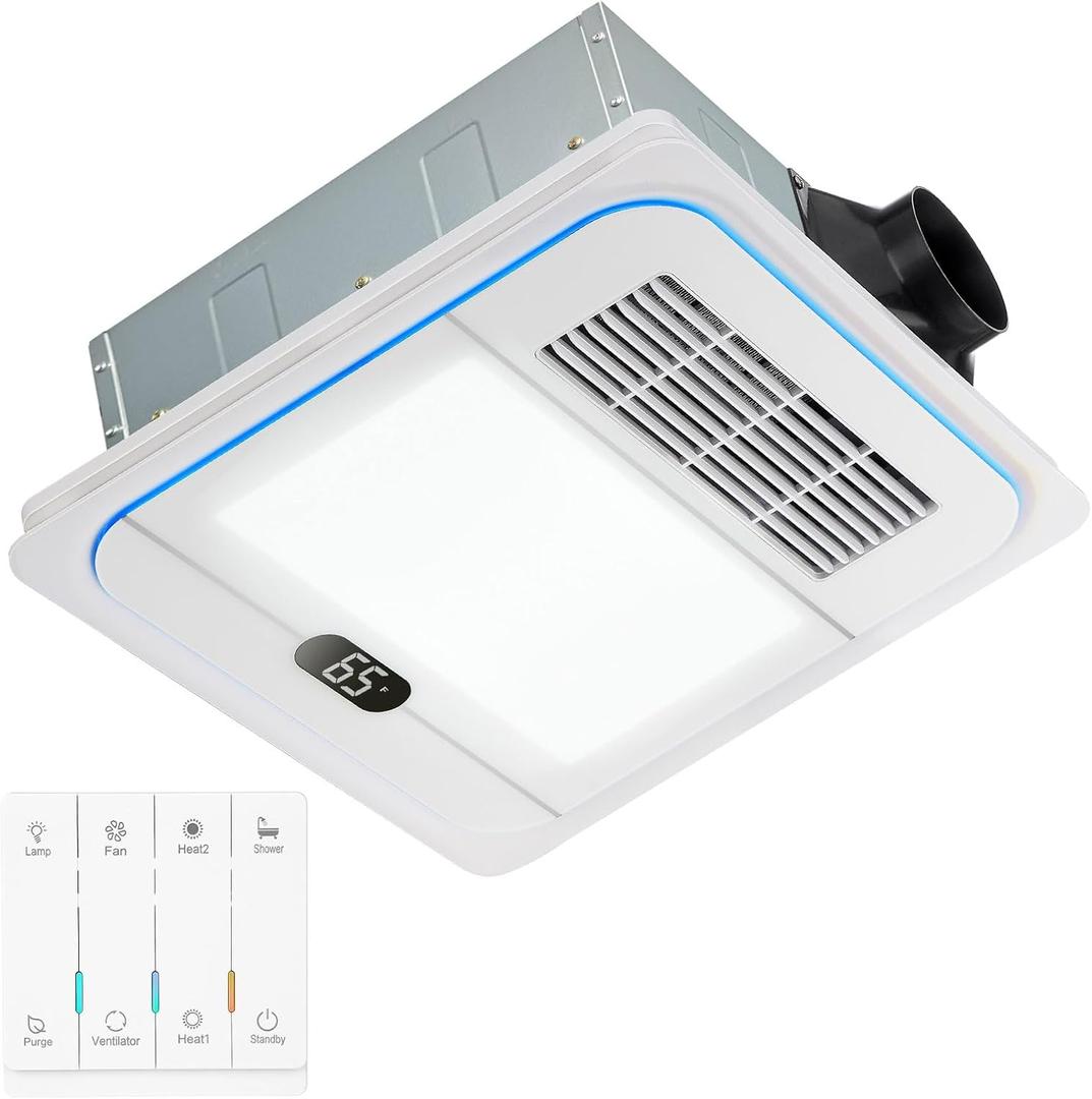 13.8 IN Bathroom Exhaust Fan with Light and Heater 1800W, 4 in 1 220 CFM Bathroom Exhaust Fan with Heater, 12W LED Light, Metal Housing 1.0 Sone with Heating, Ventilation, Remote Control