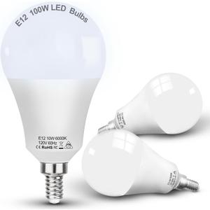 E12 100W Equivalent LED Candelabra Bulbs, E12 A19 A60 LED Ceiling Fixtures Light Bulbs 6000K Daylight White,Bright Small Candelabra Screw Base Globe Shape Chandelier Bulbs 10W 1200lm,Non Dimmable,3Pcs