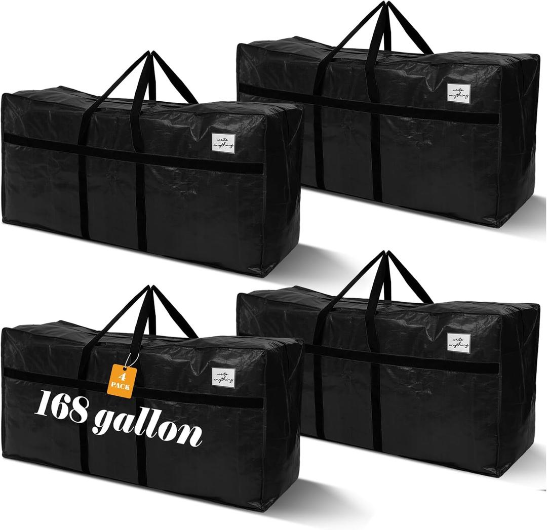 Windyun 4 Pack 168 Gallon Extra Large Moving Bags XXL Heavy Duty Storage Bag with Strong Zipper Handle Jumbo Big Tote Box Foldable for College Dorm Travel Clothes Duffle Blanket Pillow(Black)