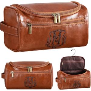 Sadnyy Personalized Leather Toiletry Bag for Men Initial Travel Bag with Hook Monogrammed Toiletry Pouch Leather Travel Bathroom Kit with Side Handle for Him Dad Husband Anniversary Birthday Gifts(M)