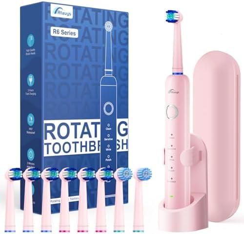 Rtauys R6 Rotating Electric Toothbrush for Adults, Fast Charge, Come with 8 Brush Heads (2 Types) and Travel Case, 5 Modes, 50000VPM Powered Toothbrush, 2 Minute Timer
