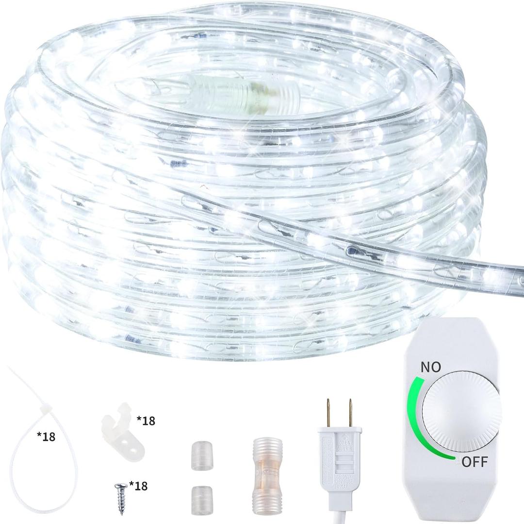 12M/40ft Dimmable LED Rope Light, Cuttable Waterproof Indoor Outdoor Clear Tube Light Rope, 432 Daylight White LEDs 110V 6000K Flexible Soft Connectable for Patio Balcony Garden House Decor
