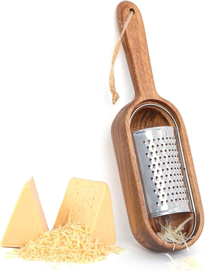 Wooden Cheese Grater with Handle, Rustic Brown Cheese Shredder with Storage Space, Handheld Kitchen Graters for Cheese Lemon Chocolate (Dropping Handle) (Acacia,Curving Handle)
