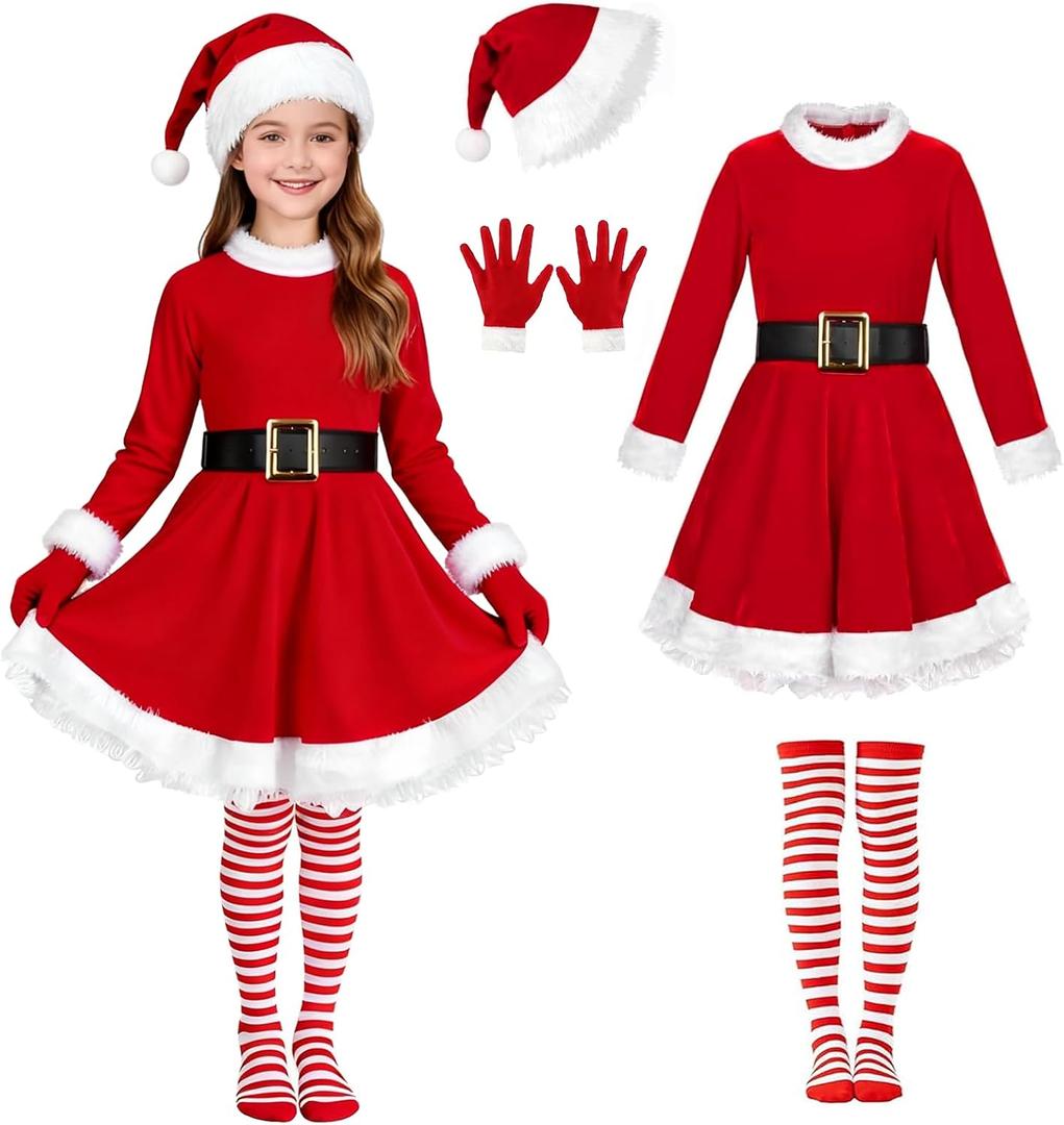 Kids Girls Santa Dress - Mrs Claus Costume Christmas Outfit with Belt Socks Hat Gloves (11-13 Years)