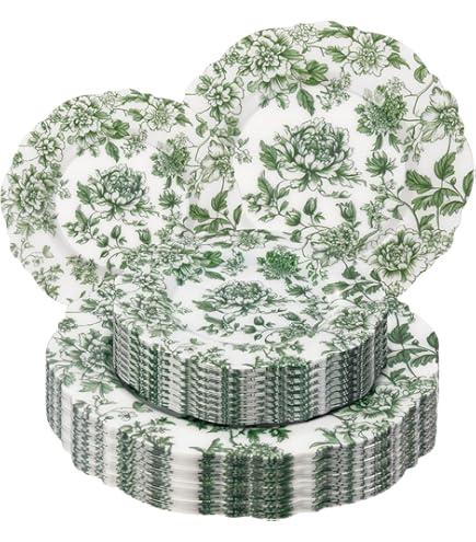 WDF 20PCS Green Plastic Plates Floral - Baroque White and Green Plates - Floral Party Decorations for Birthdays/ Tea Party/ Easter