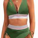 2 PACK Uikue Women's Bikini Sets V Neck 2 Piece Swimsuits High Waisted Color Block Drawstring Bathing Suits Tummy Control Swimwear M