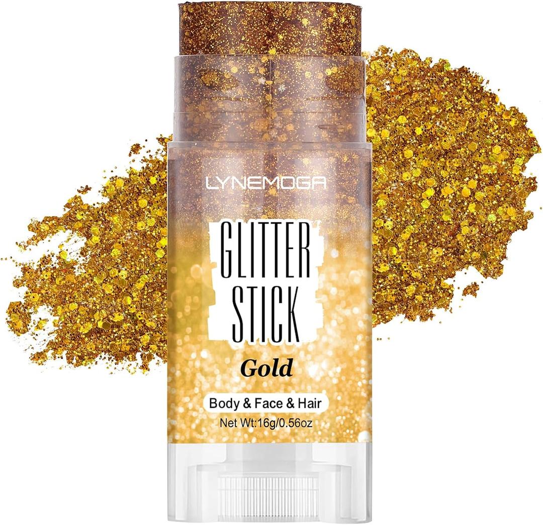 Body Glitter Stick, Gold Face Body Glitter Stick for Women Girls, Chunky Sequins Hair Glitter Gel Makeup for Shimmer Music Festival Pink Out Accessories Spirit Week Festival Rave Halloween