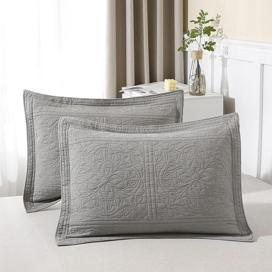 WINLIFE 100% Cotton Quilted Pillow Sham Floral Printed Pillow Cover (Grey) (26" x 20" (Pack of 2))