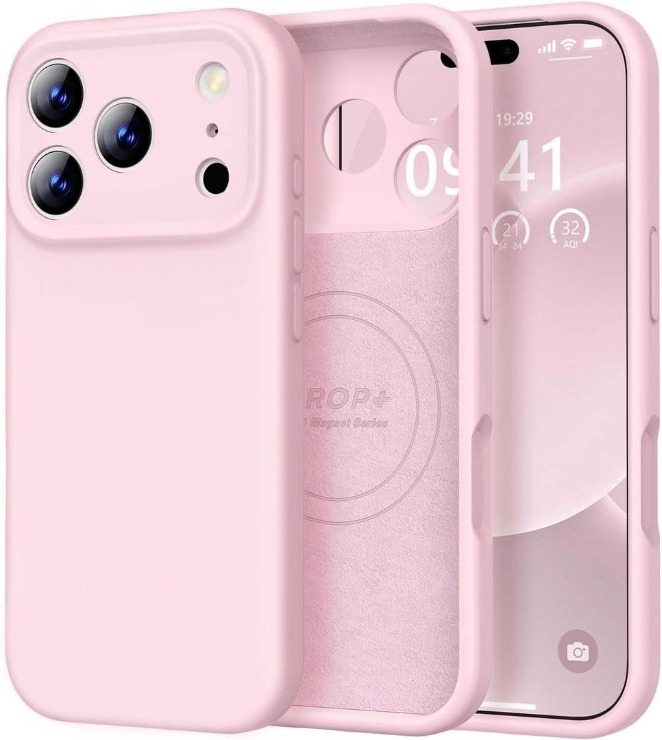 Vooii Magnetic for iPhone 17 Pro Case, Compatible with Magsafe (Premium Liquid Silicone) (Integrated Camera Control Button) Full Body Protective Anti-Scratch Microfiber Lining 6.3", Chalk Pink