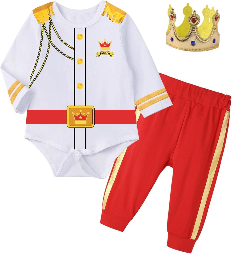 Baby Boys Prince Charming Bodysuits Costume Outfit Royal Prince Dress up with Crown for Infant Halloween Cosplay (0-3 Months)