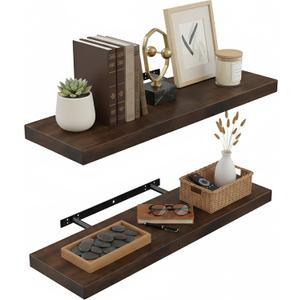 Lufia Floating Wall Shelves, Set of 2, MDF with Invisible Brackets, Modern Storage for Bedroom, Bathroom, Living Room, Kitchen (Rustic Brown, 24" W x 7" D x 1.5" H)