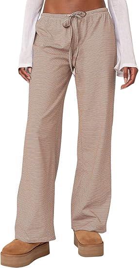 Ugerlov Women's Wide Leg Striped Pants Casual Drawstring Elastic Low Rise Pajama Pants Lounge Wear Trousers (X-Large, Brown)