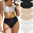sosusu Seamless Underwear for Women Cotton Thongs High Waisted Soft Breathable No Show Panties Invisible Stretch 6 Pack (US, Alpha, Large, Regular, Regular, D1-2 Black, 2 Skin and 2 White)