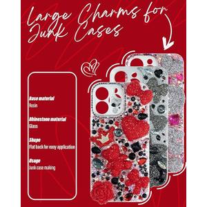 Rhinestone Junk Case Charms – Big Red Bling Charms for Junk Cases, Resin & Rhinestone Hearts, Bows, Stars, Lips, Bears, Butterflies with Flat Backs, Easy to Use