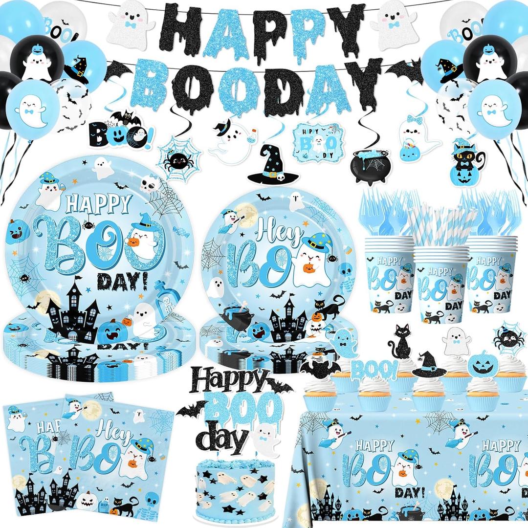 Blue Halloween Birthday Decorations,198pcs Ghost Party Decorations Tableware Happy Boo Day Plates Napkins Cups Tablecloth Banner Swirls, Topper, Balloon for boy Halloween Party Decorations, Serve 24