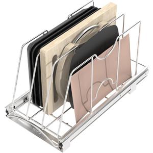 Pull Out Cookie Sheet Organizer for Cabinet, Pan and Pot, Cutting Board, Bakeware, Tray Organizer Rack, Sliding Rack- Heavy Duty, Adjustable Divider Width, 10" W x 22" D x 11" H, Chrome