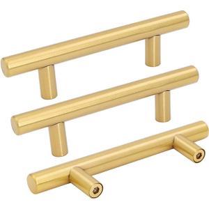 goldenwarm 1 Piece Gold Cabinet Drawer Pulls Kitchen Hardware Brushed Brass Cabinet Handles T Bar Door Pull Knobs 3in Hole Centers, 5in Overall Length