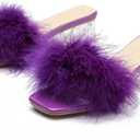 Women's Square Toe Heeled Sandals Low Block Chunky Heels Clear Mules Fluffy Feather Slip on Wedding Bridal Party Dress Shoes (Purple) 41