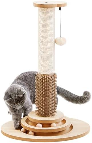 Made4Pets 23" Tall Sisal Cat Scratcher Post with Self Groomer, 4-in-1 Interactive Trackball Toys, Vertical Climbing Tree with Dangling Balls