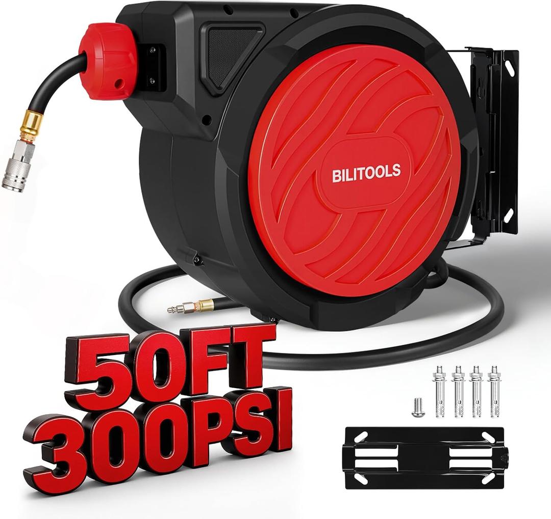 BILITOOLS Retractable Air Hose Reel 3/8" x 50FT Max 300PSI Auto Rewind | Hybrid Air Hose, 5 ft Lead-In Hose, 180 Swivel Wall/Ceiling Mount, Enclosed Air Compressor Hose Reel