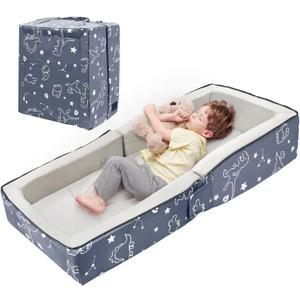 Lvemilio Toddler Travel Bed, Portable Kids Floor Bed for Sleeping with Foam Mattres, Washable Toddler Cot for Kids Aged 1-4, Velvet Fabric