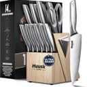 Huusk Knife Set with Block and Sharpener, 14 Pcs Japanese Stainless Steel Kitchen Knife Sets Dishwasher Safe, Sharp Silver Professional Knives Set with Box for Kitchen, Gifts for Men and Women