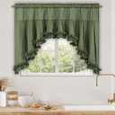 Likiyol Linen Valances for Windows Farmhouse Ruffle Swag Valance Rustic Country Window Valances Light Filtering Kitchen Curtains Rod Pocket Valance Curtains for Bathroom Cafe, Green, 60" W x 36" L
