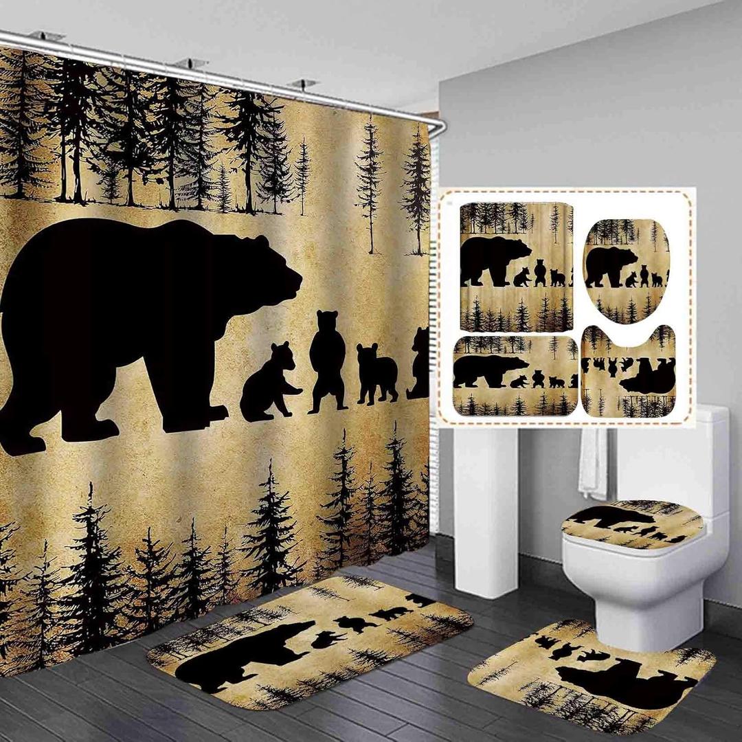 Camille&Andrew 4PCS/Set Black Rustic Bear Shower Curtain, Country Farmhouse Mother Bear & Cute Baby Bears Wild Animal Bathroom Decor, Soft Fabric Bath Curtain, Non-slip Bathroom Mat Bath Rugs, Style 3