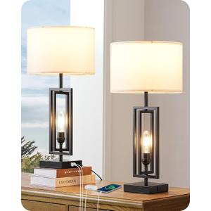 EDISHINE 25.6" Tall Table Lamp with Night Light, Farmhouse Bedside Lamp Set of 2 with USB Charging Ports, Touch 3-Way Dimmable Nightstand Lamp for Living Room, Bedroom, Home Decor