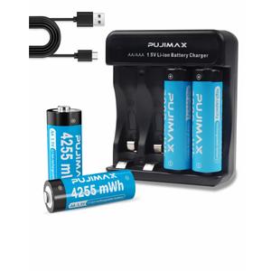 PUJIMAX Rechargeable AA Batteries Lithium with Charger,High Capacity 4255 mWh 1.5v Rechargeable Li-ion Double A Batteries for Blink Camera Smart Doorbell Smart Lock 4pack
