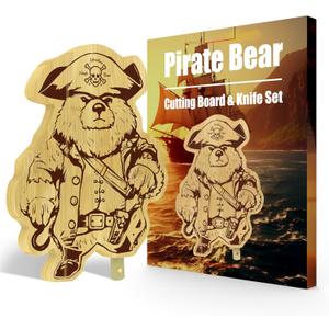 Pirate Bear Cutting Boards And Knife Set, 11.2" X 8.9" Bamboo Charcuterie Boards, Serving Tray For House Warming Gifts New Home Decor, Anniversary Birthday Party Christmas Bear Gifts