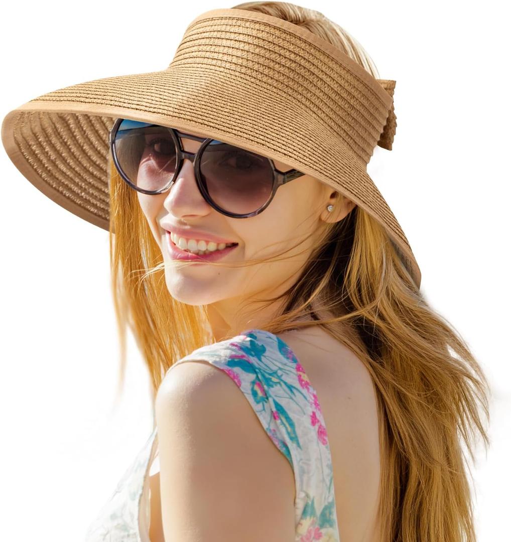 2 x Beach Sun Hats for Women, Wide Brim Visor Hats of Paper Straw, Adjustable, Packable Ponytail Hats Floppy, for Beach Fishing Gardening Golf Hiking, Khaki (Beige)