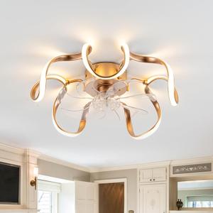 20" Low Profile Flush Mount Ceiling Fans with Memory Function,6 Speeds and 3 Color Lights,Dimmable Light,Ceiling Fan Light with APP and Remote Control for Bedroom,Living Room,Kitchen, Gold 