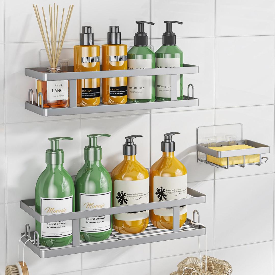 Adhesive Shower Caddy,Shower Shelves with Soap Holder and 12 Hooks,Rustproof No Drilling Bathroom Organizer and Storage,Silver,3 Pack