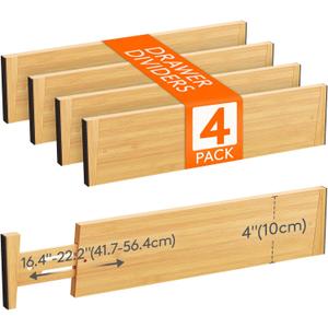 Lifewit 4 Pack Drawer Dividers Bamboo 4" High, 16-22" Adjustable Drawer Organizers for Clothes, Expandable Dresser Separators in Bedroom/Bathroom/Kitchen/Fridge/Office Organization and Storage