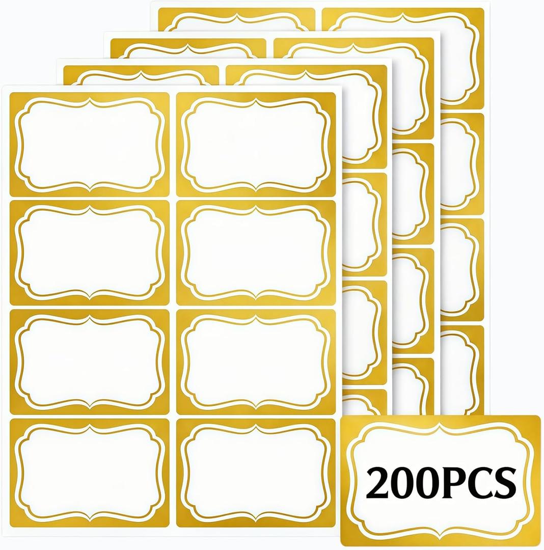 Gold Name Tag Stickers 200 PCS, 2" x 3" Blank Adhesive Labels with Elegant Gold Border, Writable Sticker Labels for Classroom, School, Office Organization, File Folders, Storage, Meetings & Events