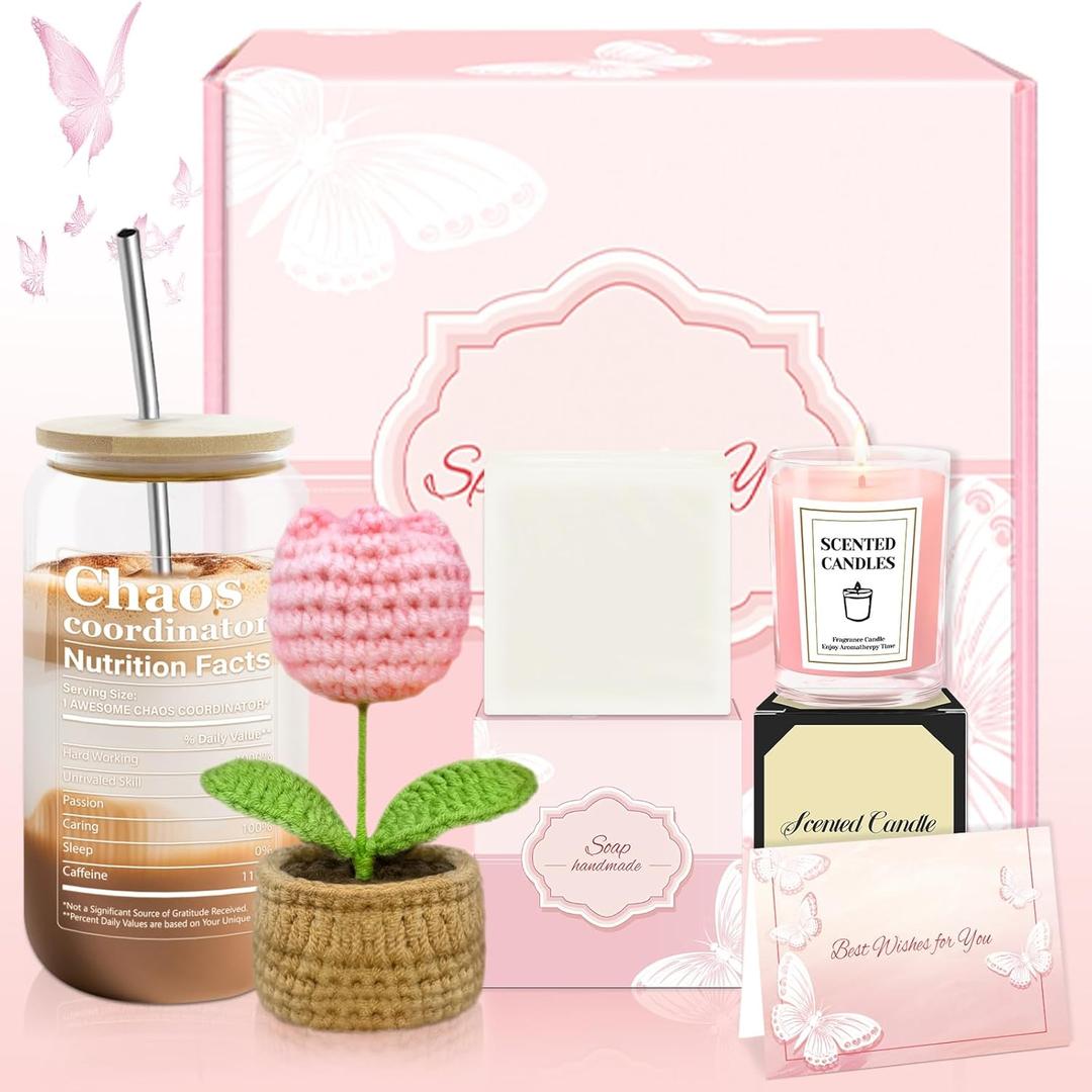 Appreciation Gifts for Coworkers, Farewell Gifts for Coworkers with 16 Oz Glass Cup, Scented Candle, Knitted Tulip Decor, Thank You Gift for Christmas, Thanksgiving, Birthday Gift for Women, Employee (Pink)